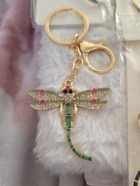 Gold Dragonfly Bag Charms or Keychains with Rhinestones